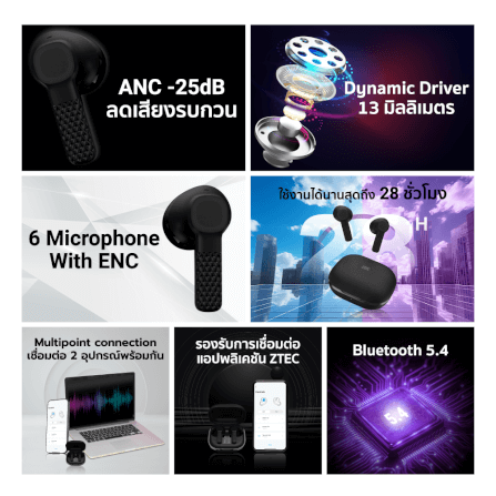หูฟังไร้สาย ZTEC TUNE BUDS E200 ANC EARBUDS -25DB 6 ไมโครโฟน มี GAME MODE 40MS แบตเตอรี่ 28 ชม._2